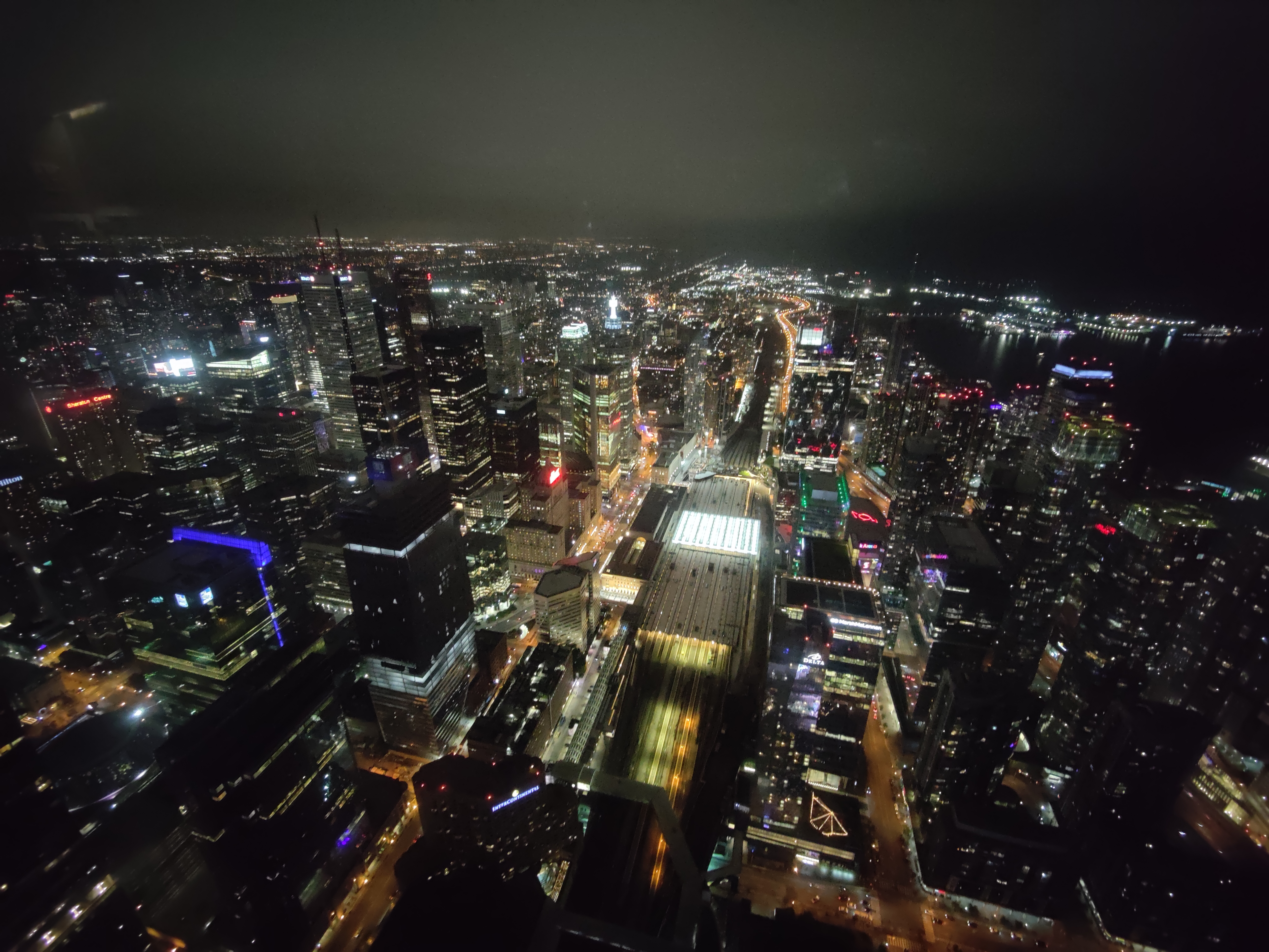A picture of Toronto from the top of the CN tower, facing Northeast.