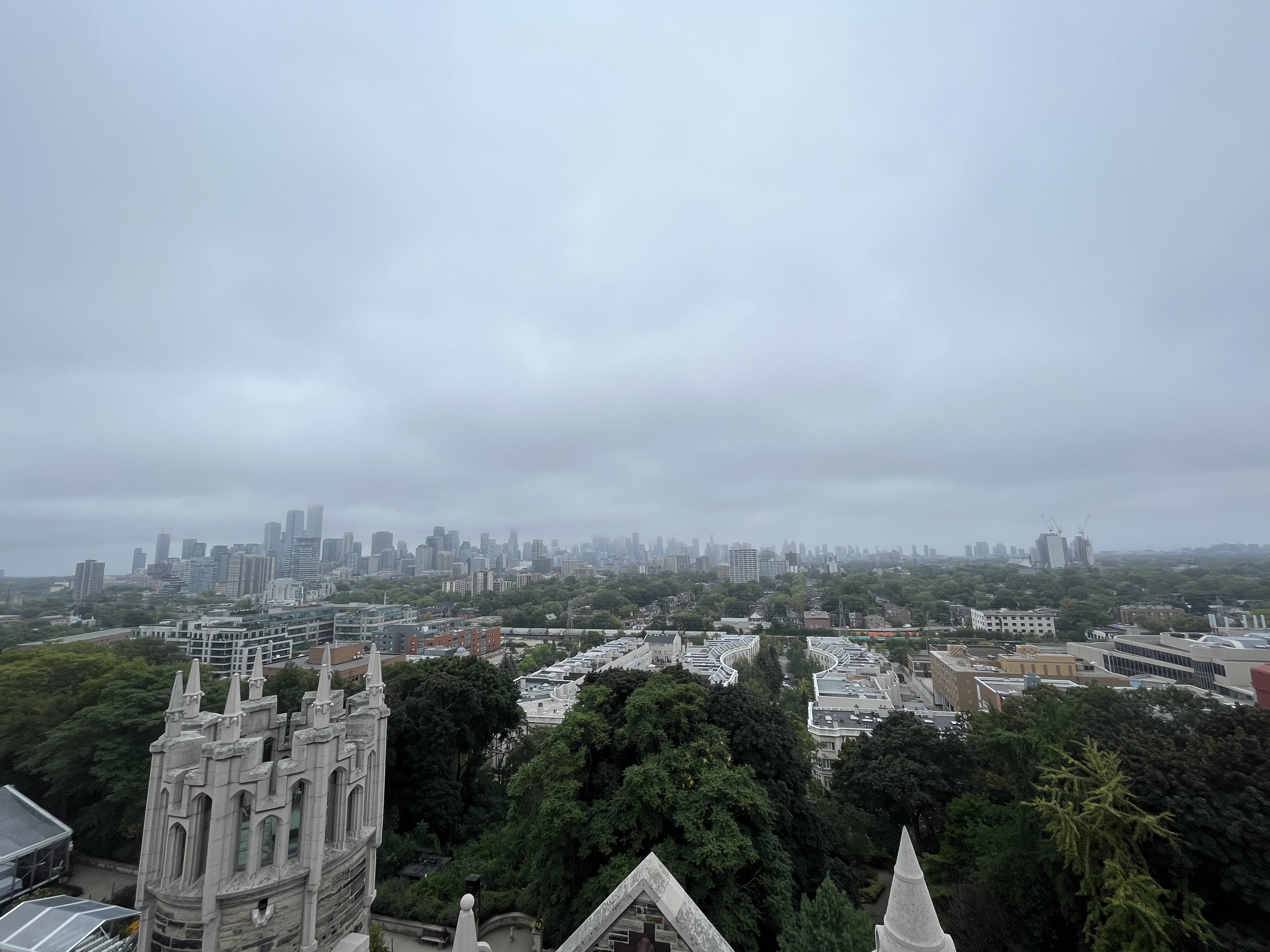 A picture of the Toronto skyline from one of the spires of Casa Loma.